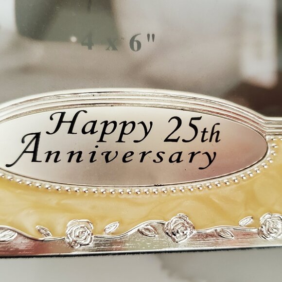 Silver 25th Anniversary Photo Album Pearly Frame Roses Plaque Velvet Felt Back - Picture 2 of 6